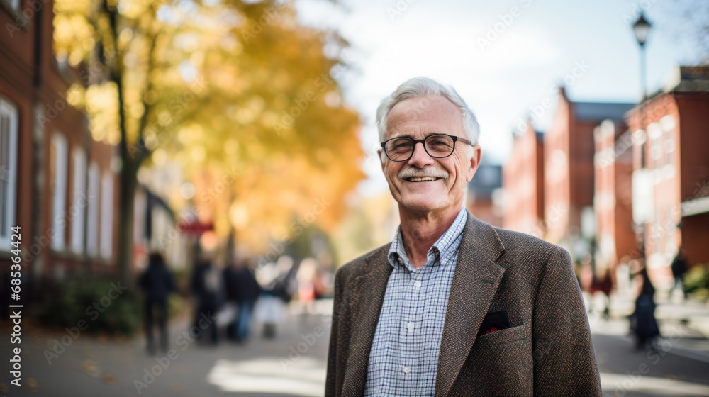 portrait handsome man university college teacher, scientist or educator. walks down the city street modern campus, outdoors. portrait handsome man university college teacher, scientist or educator. walks down the city street modern campus, outdoors.