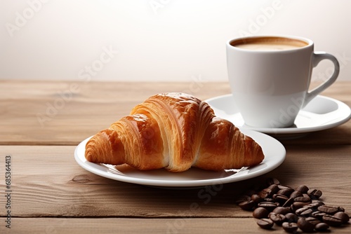 A delicious croissant on a white plate and a white cup of black coffee at the wooden table of a coffee shop.