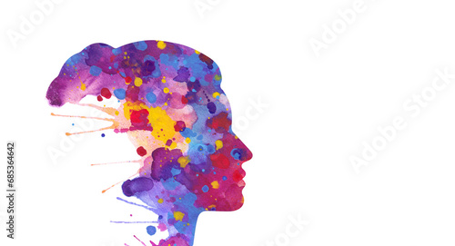 Illustration of human head silhouette with abstract watercolor splashes