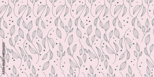 A delicate seamless pattern with line drawn leaves. Pattern for wrapping paper  fabric  notepads. Fresh design can be used for cosmetics  beauty products  organic and healthy food with  modern ornamen