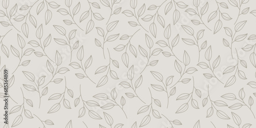 A delicate seamless pattern with line drawn leaves. Pattern for wrapping paper, fabric, notepads. Fresh design can be used for cosmetics, beauty products, organic and healthy food with  modern ornamen