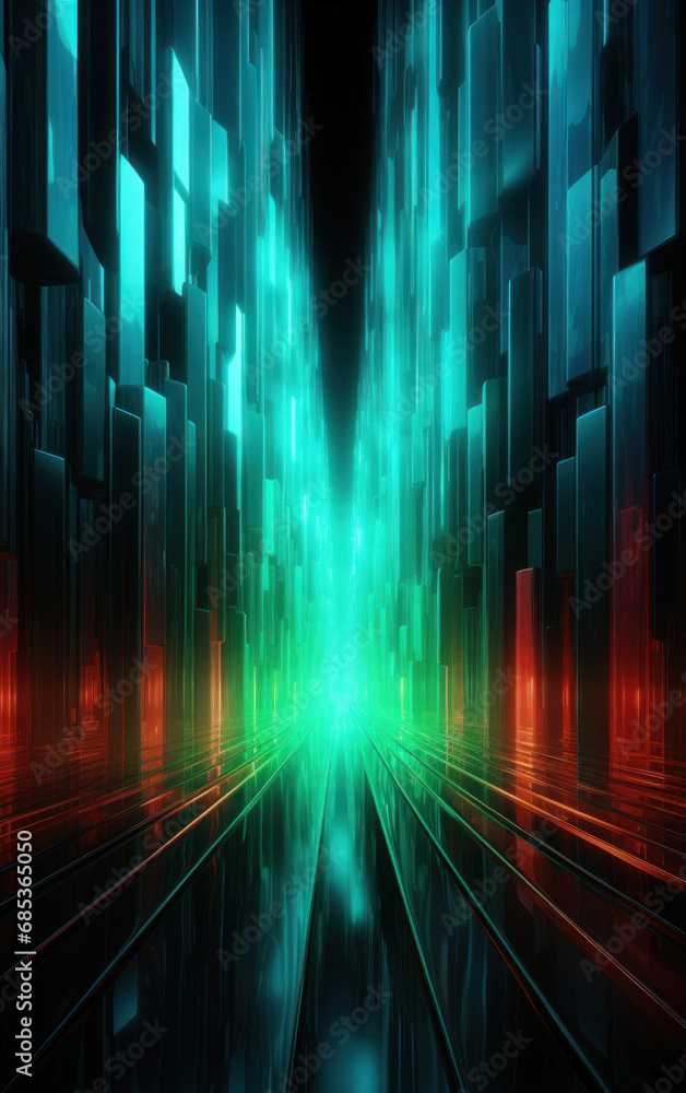 Abstract technology background with green and Red light lines and waves, illustration.	
