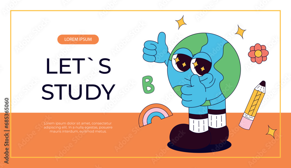Promo banner with funky retro groovy planet earth character. Back to school. Children's stationery, funny study school supplies. Nostalgia 60s, 70s, 80s. Vector for poster, cover, advertising Promo banner with funky retro groovy planet earth character. Back to school. Children's stationery, funny study school supplies. Nostalgia 60s, 70s, 80s. Vector for poster, cover, advertising