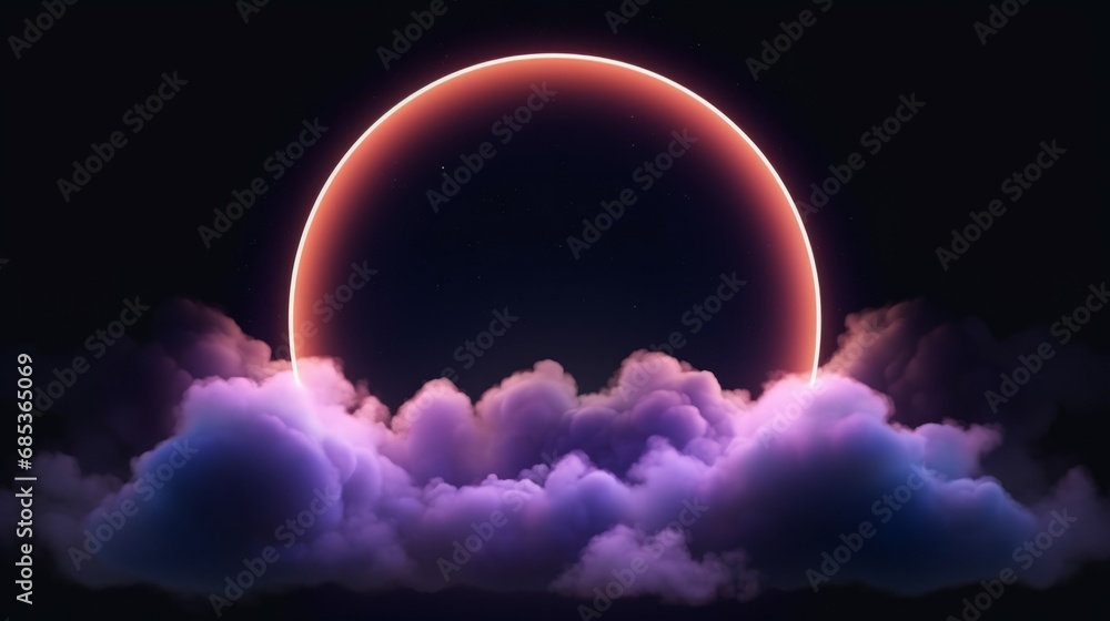 Abstract red neon light circle in the center, magical glow, glowing stormy cloud rays, smoke dark fantastic landscape, night view.