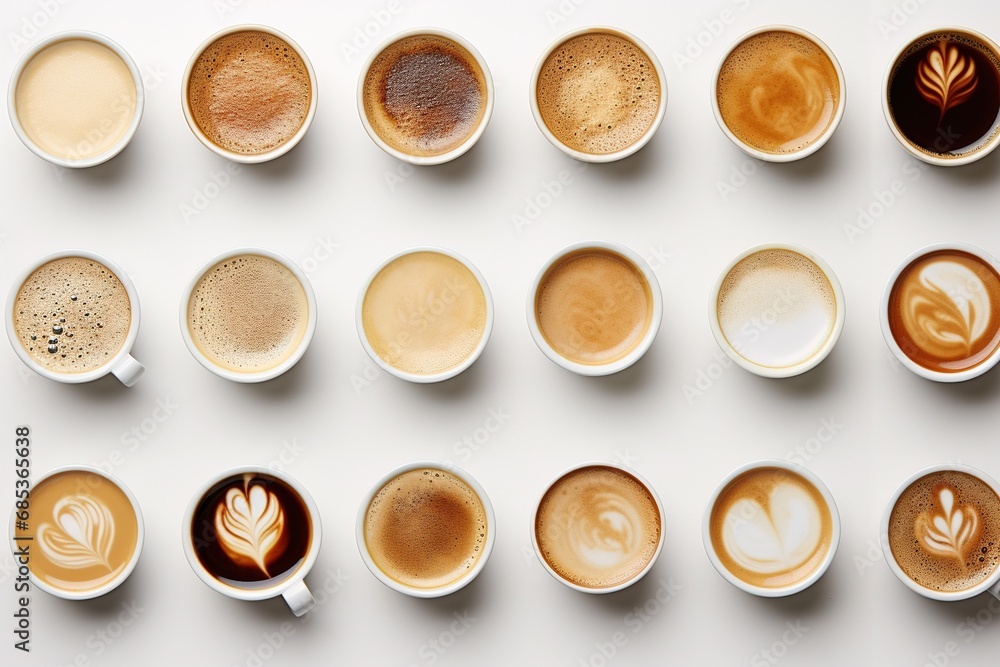 Cups of coffee isolated on white background, in a pattern style, top view Cups of coffee isolated on white background, in a pattern style, top view