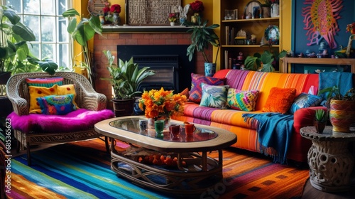 Colorful, bohemian living room with eclectic decor. Where cultures collide in style.