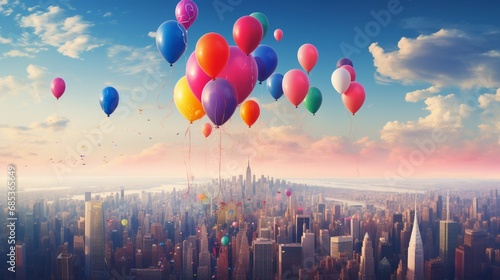 Colorful balloons gently rising above a city skyline, spreading the cheer of the upcoming New Year.