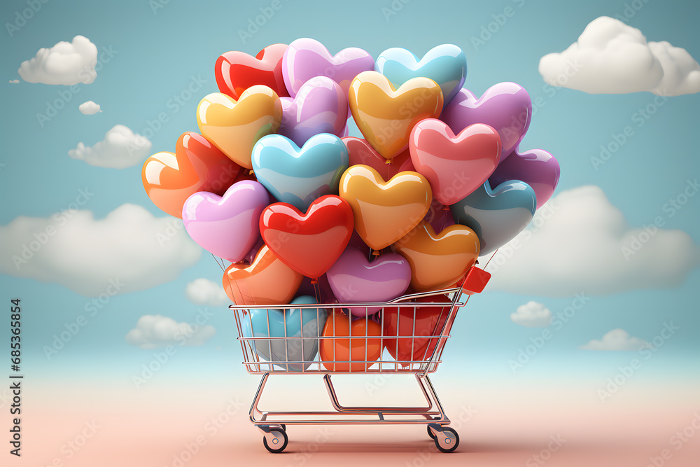 Supermarket cart background with heart shaped balloons. E-commerce. Mother's Day and Valentine's concept. Romantic background.