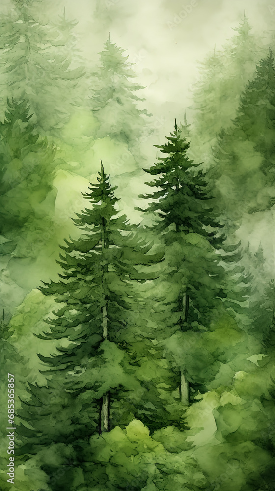 Fototapeta premium Watercolor with tranquility forest landscape. Poster art.