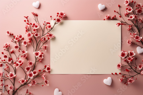 Valentine's Day greeting card mockup with hearts, flowers and a blank piece of paper for your words of love