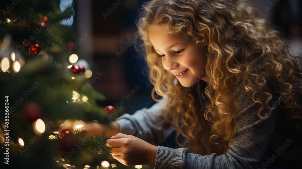 Beautiful girl with curly hair near a Christmas tree with decorative balls and ribbons. decorating New Year's atmosphere, smiling happy child on holidays. Beautiful girl with curly hair near a Christmas tree with decorative balls and ribbons. decorating New Year's atmosphere, smiling happy child on holidays.