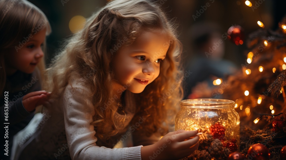 Beautiful girl with curly hair near a Christmas tree with decorative balls and ribbons. decorating New Year's atmosphere, smiling happy child on holidays. Beautiful girl with curly hair near a Christmas tree with decorative balls and ribbons. decorating New Year's atmosphere, smiling happy child on holidays.