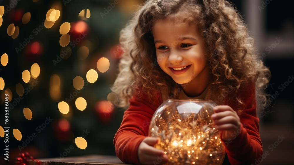 Beautiful girl with curly hair near a Christmas tree with decorative balls and ribbons. decorating New Year's atmosphere, smiling happy child on holidays. Beautiful girl with curly hair near a Christmas tree with decorative balls and ribbons. decorating New Year's atmosphere, smiling happy child on holidays.