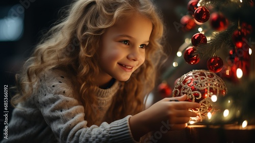 Beautiful girl with curly hair near a Christmas tree with decorative balls and ribbons. decorating New Year's atmosphere, smiling happy child on holidays.