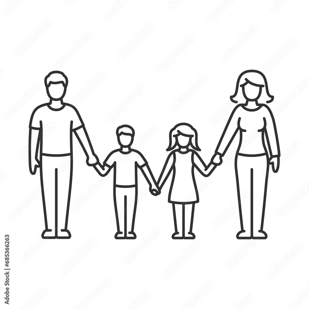 Parents with a child of children holding hands. Family, linear illustration. Line with editable stroke