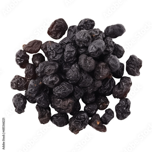organic dry black raisin cut in half sliced with leaves isolated on white background with clipping path photo