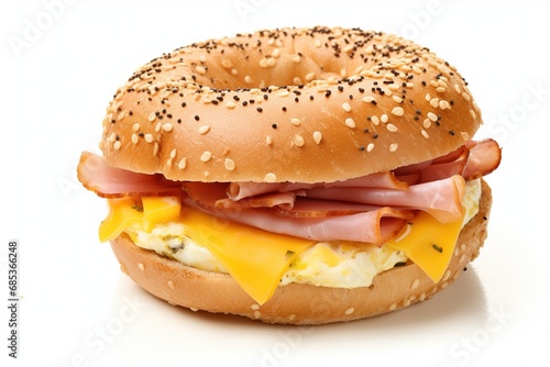 Egg Sandwich. Delicious egg ham and cheese sandwich on a toasted bagel. Shot on a white background.