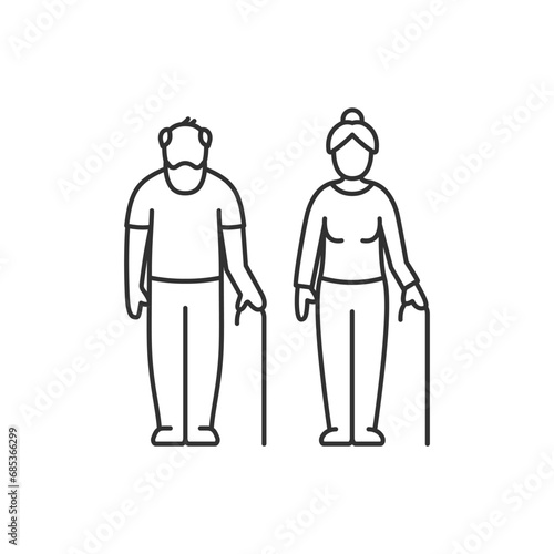 Old man and old woman with a cane, linear illustration. Line with editable stroke