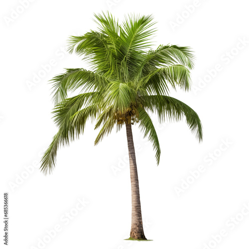 Coconut tree cut out on a transparent background. Close-up of an exotic tree in PNG format  side view. Clipart of trees to insert into a set or project.