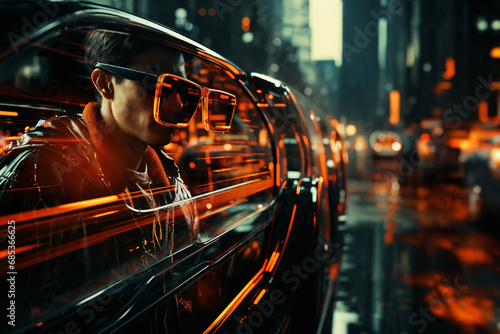 a man using virtual reality glasses, futuristic metropolis as a background