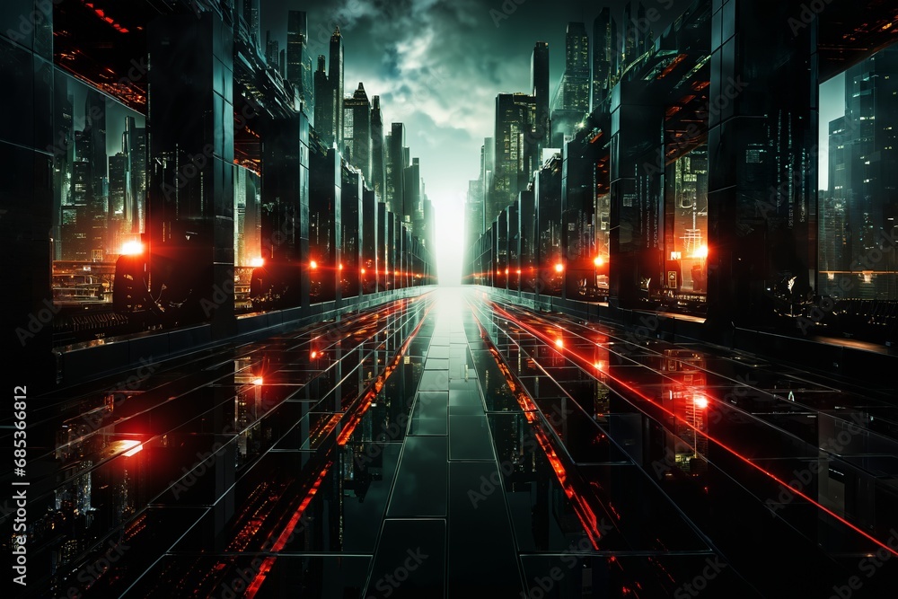 futuristic metropolis panoramic view at night, streetlights, illumination