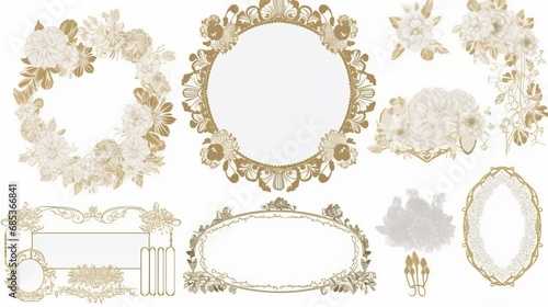 A compilation of wedding frame elements, featuring intricate designs like flowers, hearts, rings, and ornate patterns. Ideal for creating elegant and personalized wedding invitations or decor.