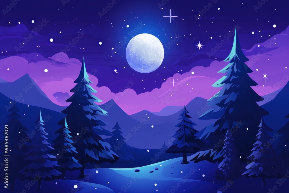 Fototapeta premium Magical and ethereal illustration of winter night landscape, sky is deep blue with purple and pink clouds, moon is full and shining brightly, trees are tall and evergreen, with snow on their branches