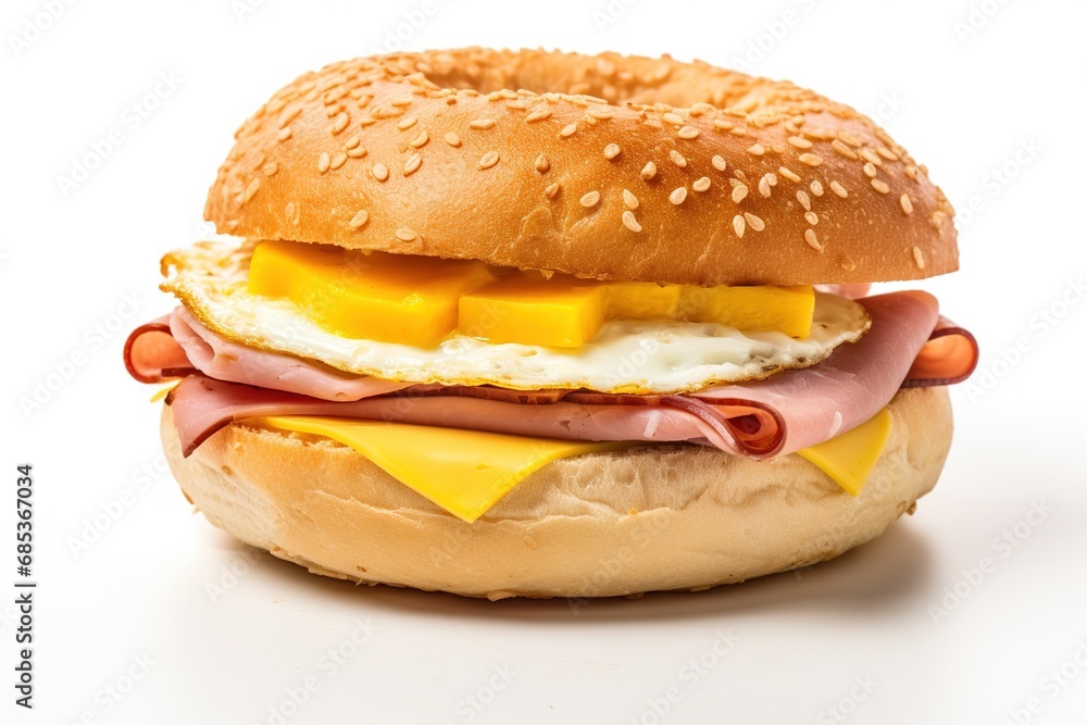 Egg Sandwich. Delicious egg ham and cheese sandwich on a toasted bagel. Shot on a white background.