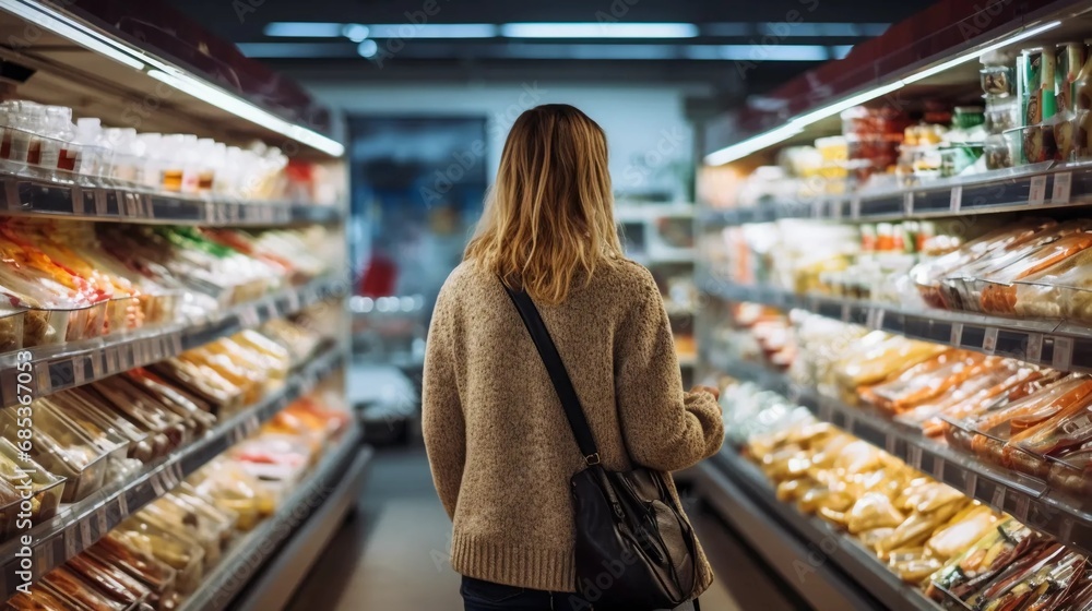 Woman looking for products on shelves in grocery store, shopping in supermarket