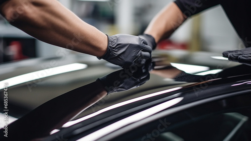 Car side window film removal and tinting installation. Male auto specialist worker hand gently carefully peeling off the old protective car film from glass surface © Tharshan
