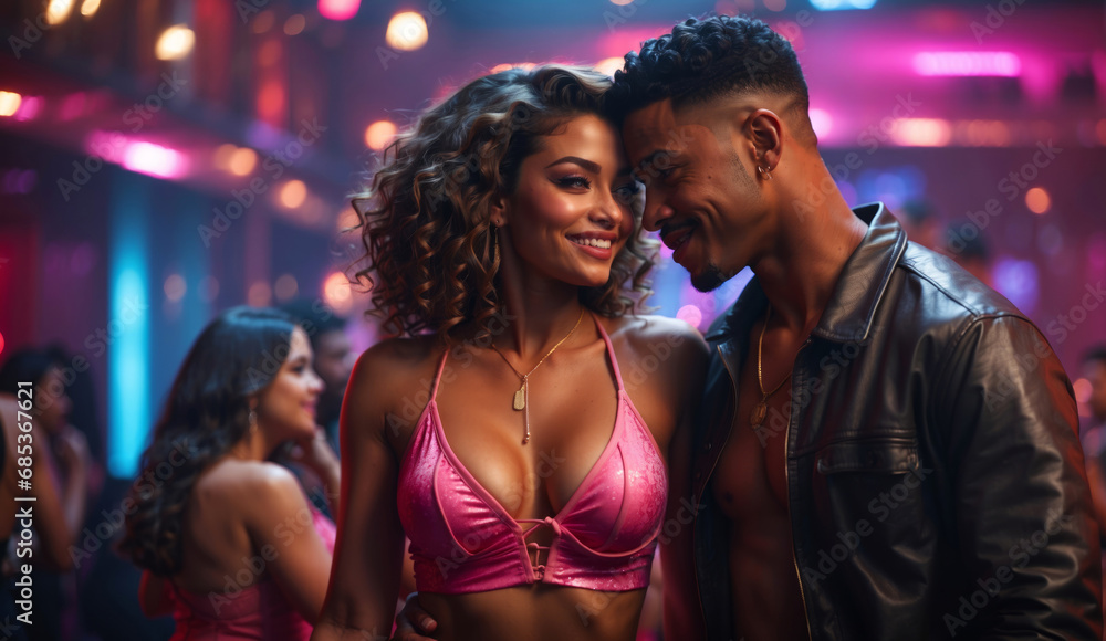 A black couple flirts in a club. A black couple flirts in a club.