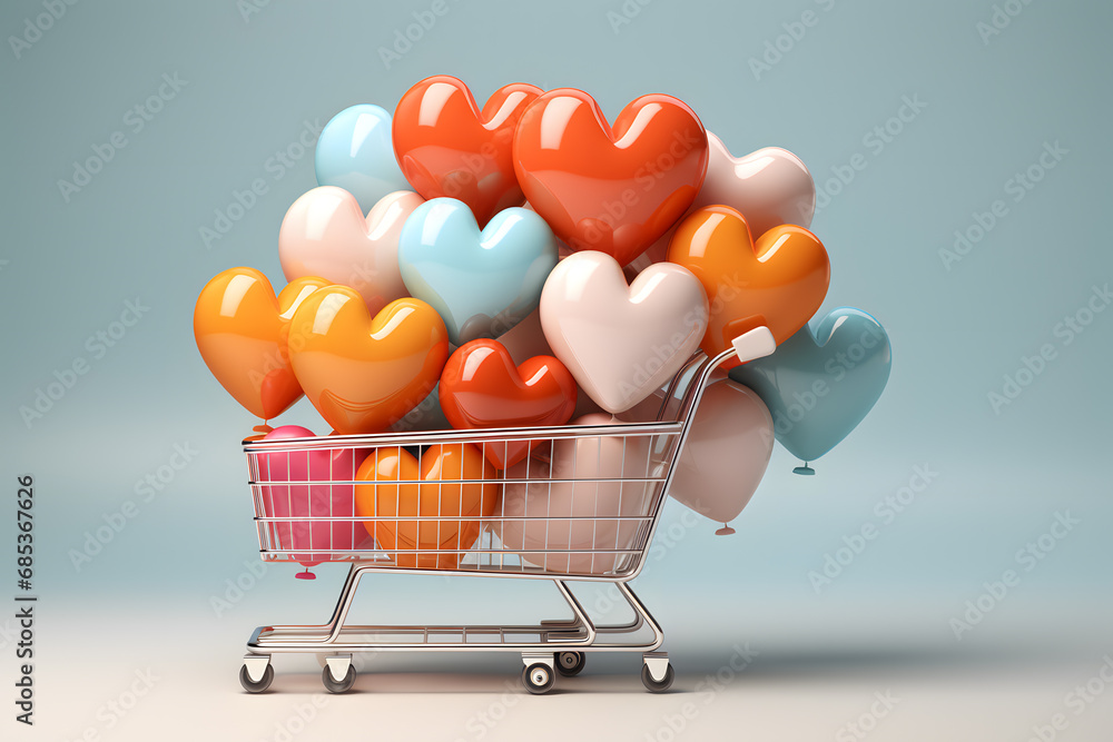 Shopping cart background with heart shaped balloons. E-commerce. Mother's Day and Valentine's concept. Romantic background.