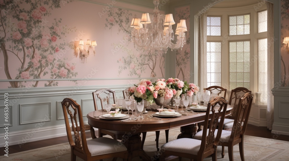 Design an elegant and timeless wall painting with intricate floral motifs that adds a touch of classic beauty to a formal dining room.