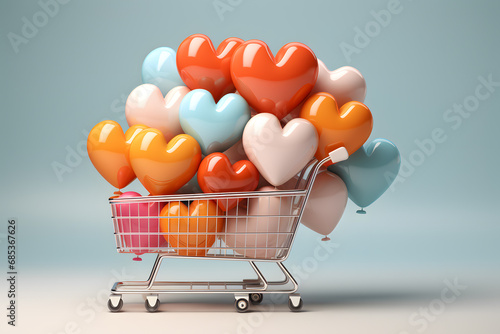 Obraz na płótnie Shopping cart background with heart shaped balloons. E-commerce. Mother's Day and Valentine's concept. Romantic background. w salonie