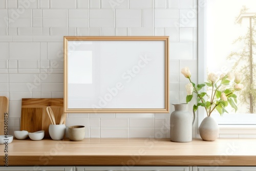 Empty wooden picture frame mockup hanging on beige wall background. Boho shaped vase  flowers on table.