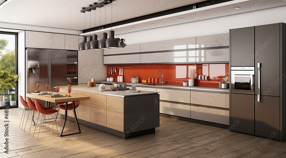 Naklejka premium Modern kitchen interior 3d rendering