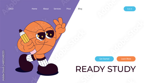 Landing page with funky retro groovy basketball ball character with pencil.Back to school.Children's stationery subjects. Funny study school supplies.Nostalgia 60s, 70s, 80s.Vector for banner, website