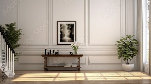 a home interior with a white classic wall background  brown parquet floor  and details of home furniture  including a frame and a vase of plants.