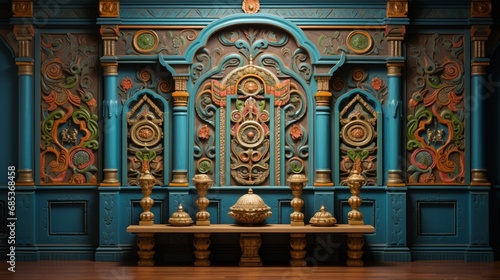 Explore the intricate details and vibrant colors of a traditional pooja room wall painting, a visual masterpiece. photo