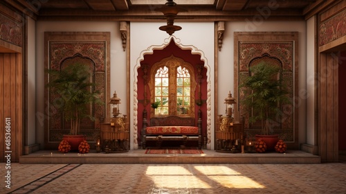 Explore the timeless elegance of a pooja room wall adorned with a traditional painting, a true masterpiece of artistry.