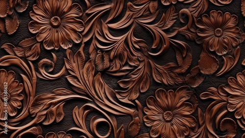 a fancy embossed leather background with intricate floral and cowboy western design elements. SEAMLESS PATTERN. SEAMLESS WALLPAPER. photo
