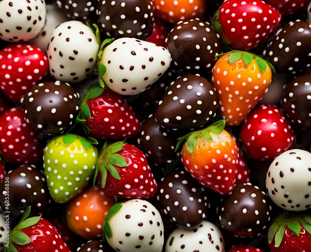 Fresh strawberries in colored chocolate on neutral background