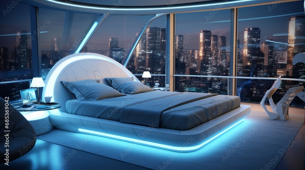 Futuristic bedroom of the future with holographic displays. Where