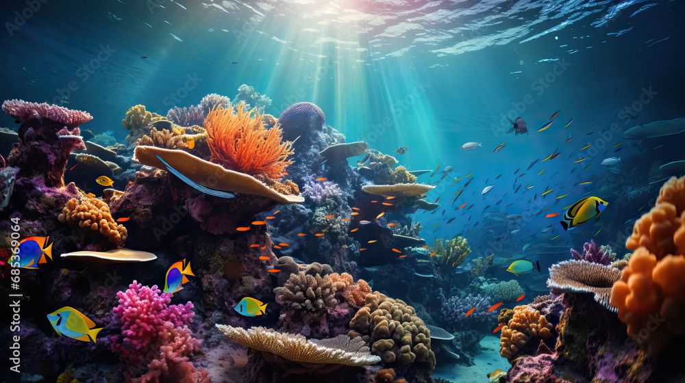 Underwater coral reef and sea life background - obrazy, fototapety, plakaty 