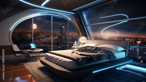Futuristic bedroom of the future with holographic displays. Where dreams become reality.