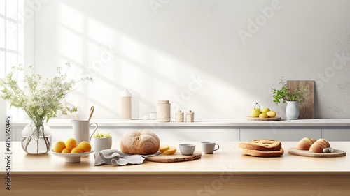 a healthy breakfast spread on a white countertop in a modern kitchen with a minimalist style  the essence of a nutritious morning meal.