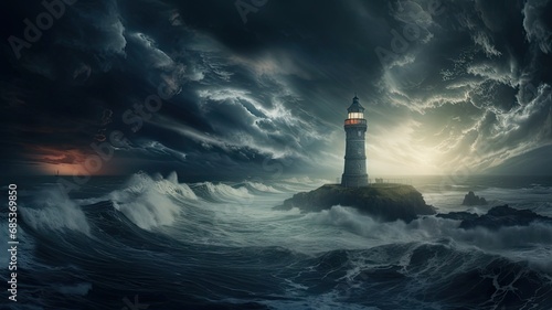 a lighthouse standing resilient against an approaching tornado or typhoon, capturing the power of nature.