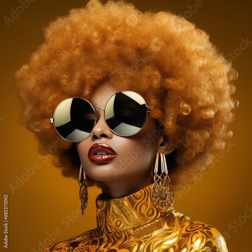 A woman with a golden Afro, adorned in extravagant gold attire and sunglasses.