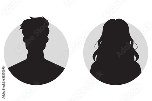 A vector illustration depicting male and female face silhouettes or icons, serving as avatars or profiles for unknown or anonymous individuals. The illustration portrays a man and a woman portrait.