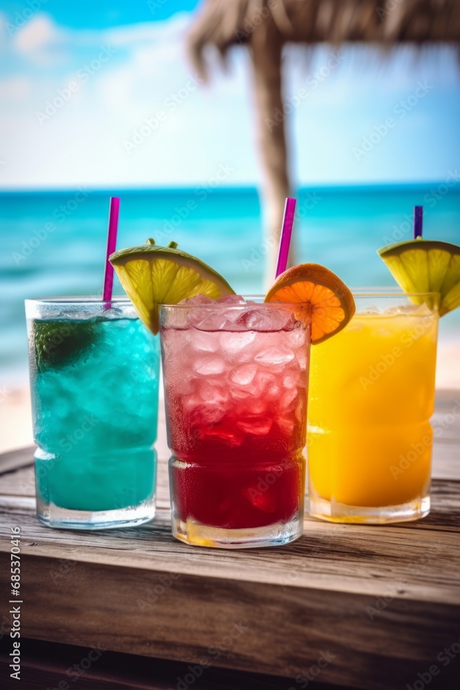 Obraz premium Vibrant summer cocktails or mocktails in glass tumblers with ice, adorned with colorful fruits on sunny beach bar table. Refreshing and visually appealing, perfect for warm days and festive occasions.